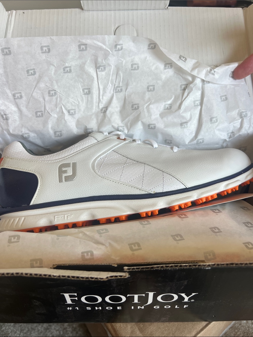 FootJoy Men’s White Golf Shoes with Navy and Orange Accents